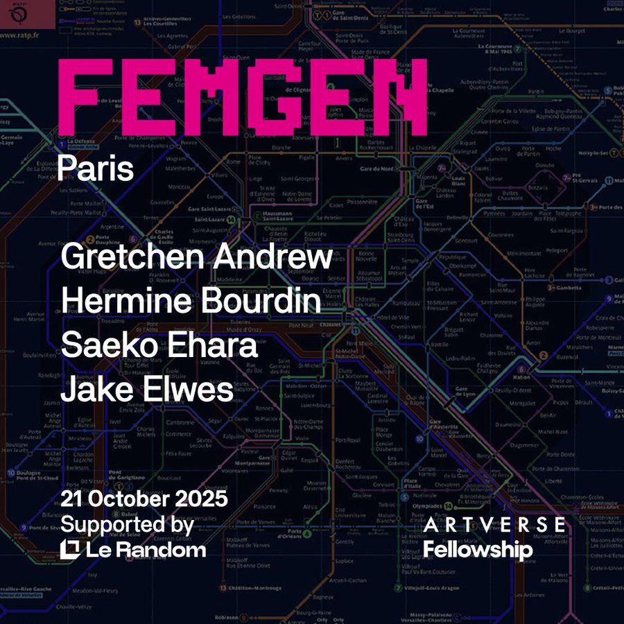 A map of the Paris metro system with colorful lines. Large pink text reads "FEMGEN" above smaller text stating "Paris" and listing names Gretchen Andrew, Hermine Bourdin, Saeko Ehara, Jake Elwes. Additional text includes "21st October 2025" and mentions support from Le Random and Artverse Fellowship. An Instagram watermark is present in the top left corner.
