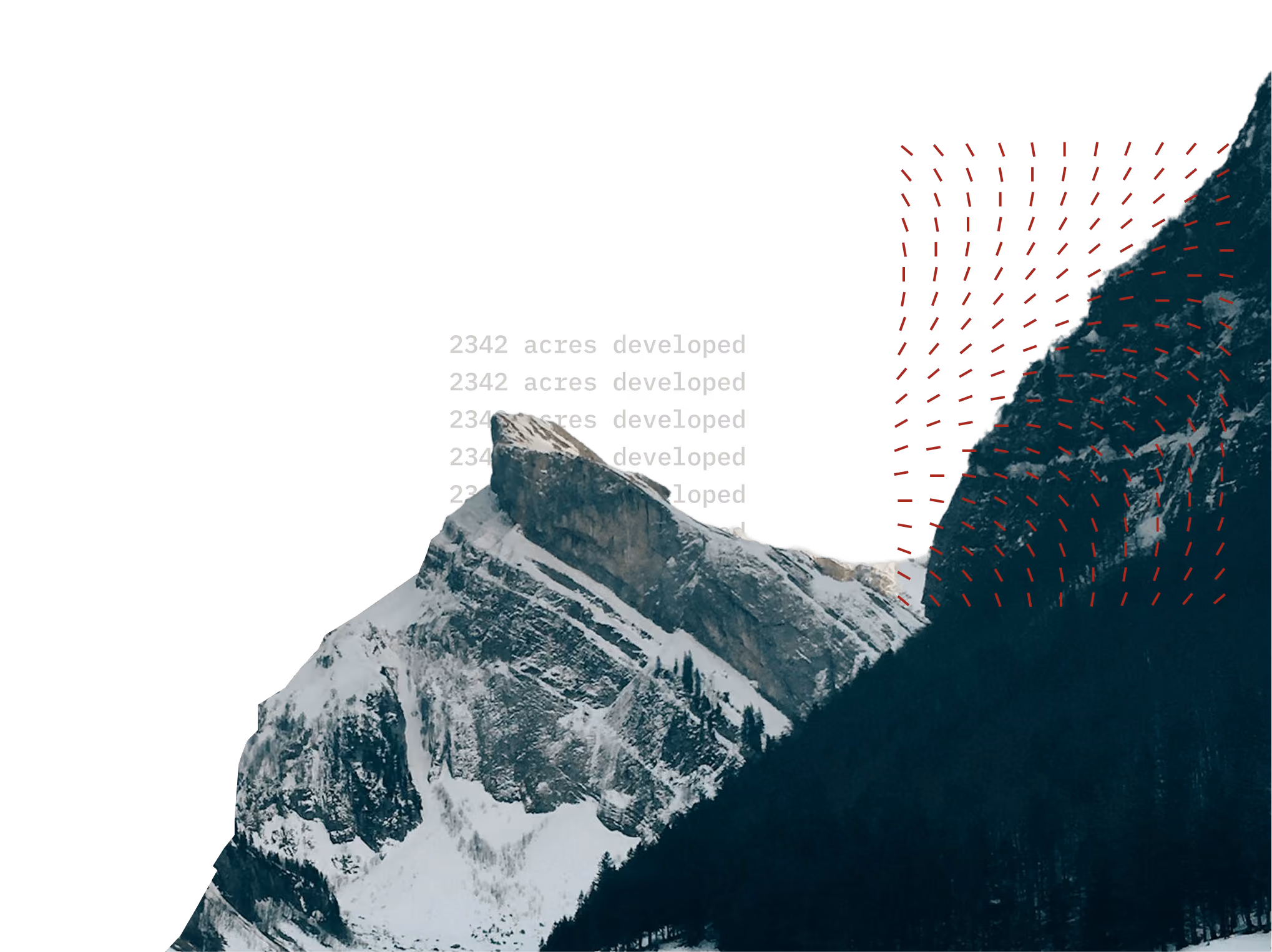 Snow-covered mountain peak with conifer trees on lower slopes and red contour lines on right side.