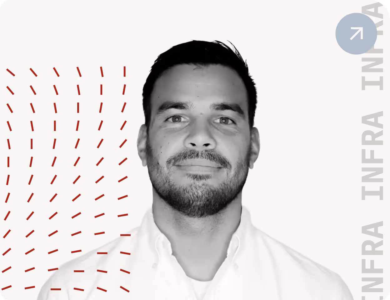 Portrait of a man with short dark hair and a beard, wearing a white shirt, against a light background with dark red dashed lines on the left and vertical text on the right.