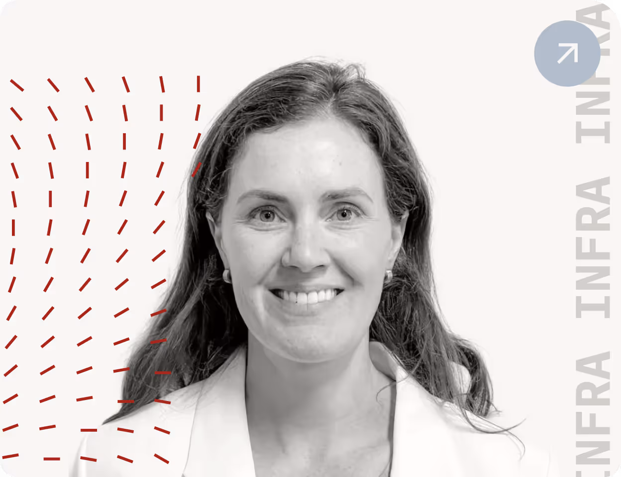 Smiling woman with long hair wearing a white blazer with abstract red dashed lines in the background.