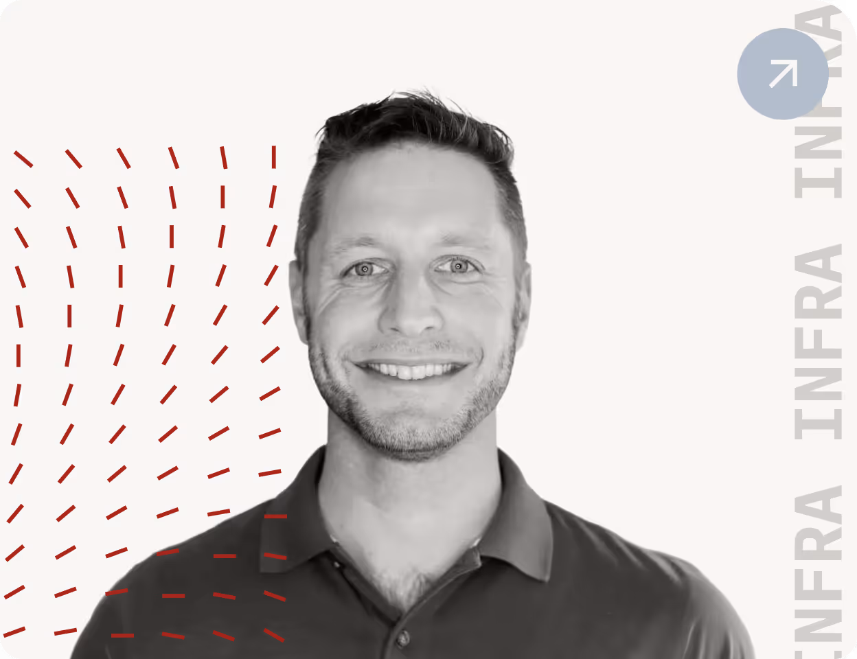 Smiling man with short hair and beard wearing a collared shirt, with red dashed lines graphic on left.