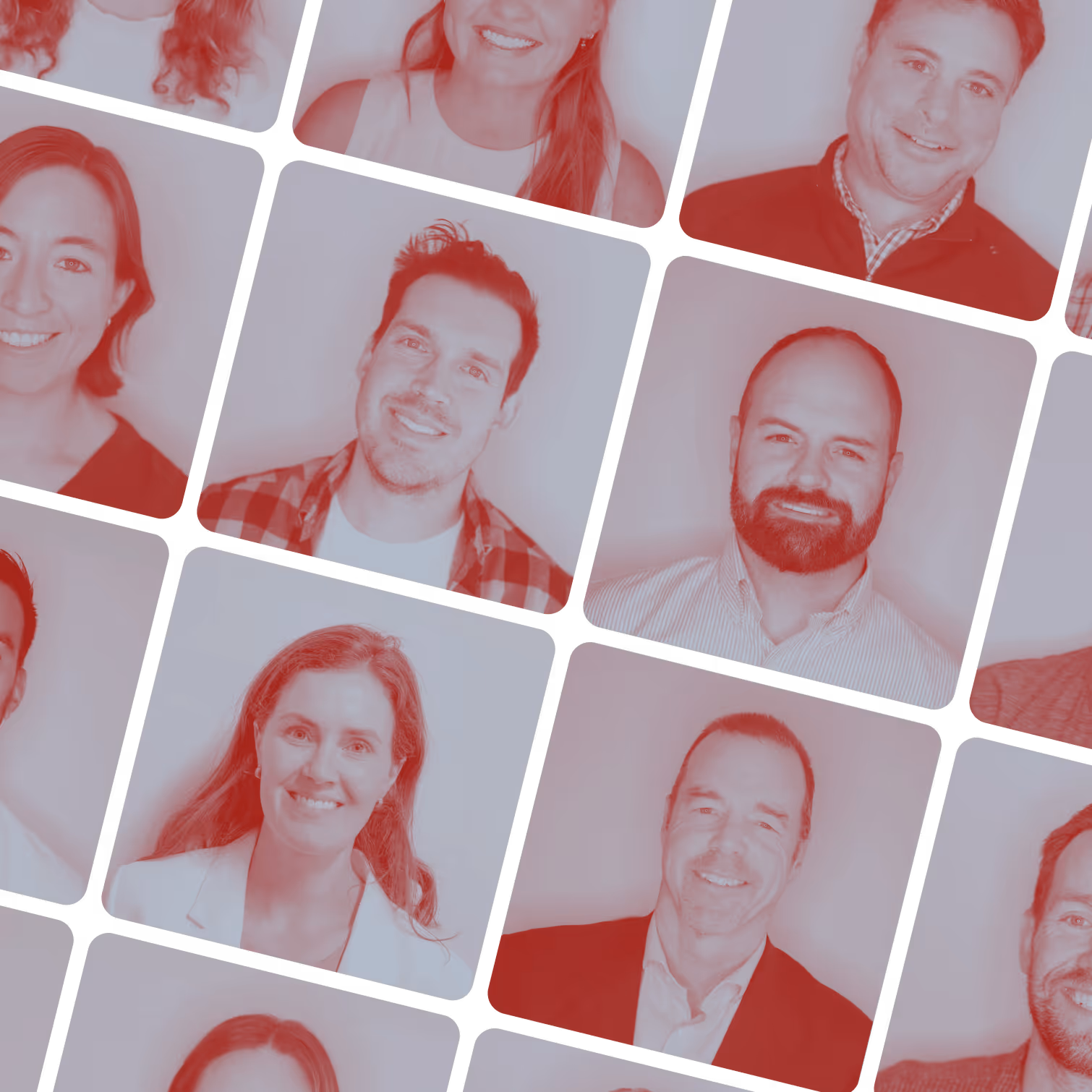 Tilted grid of smiling diverse professionals in headshots with a red tint overlay.