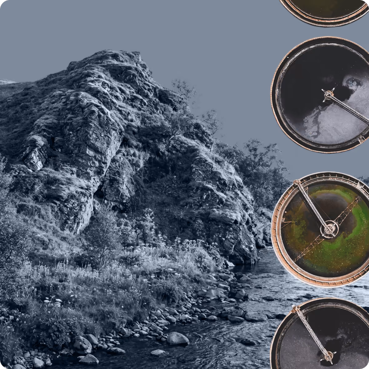 Rocky hillside with flowing river next to aerial view of round, industrial water tanks.