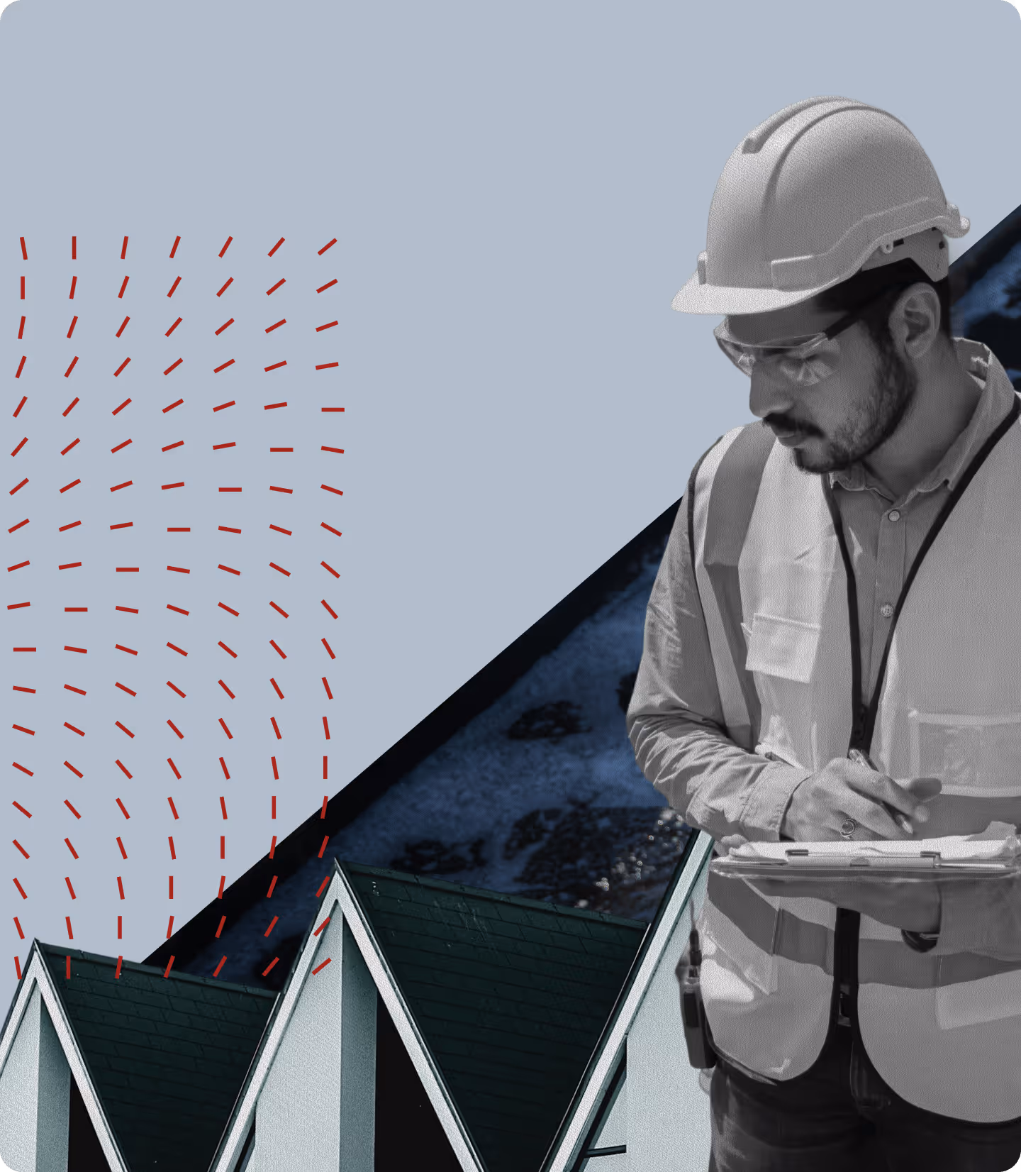 Construction worker in a hard hat and safety vest reviewing notes on a clipboard next to a stylized row of rooftops.