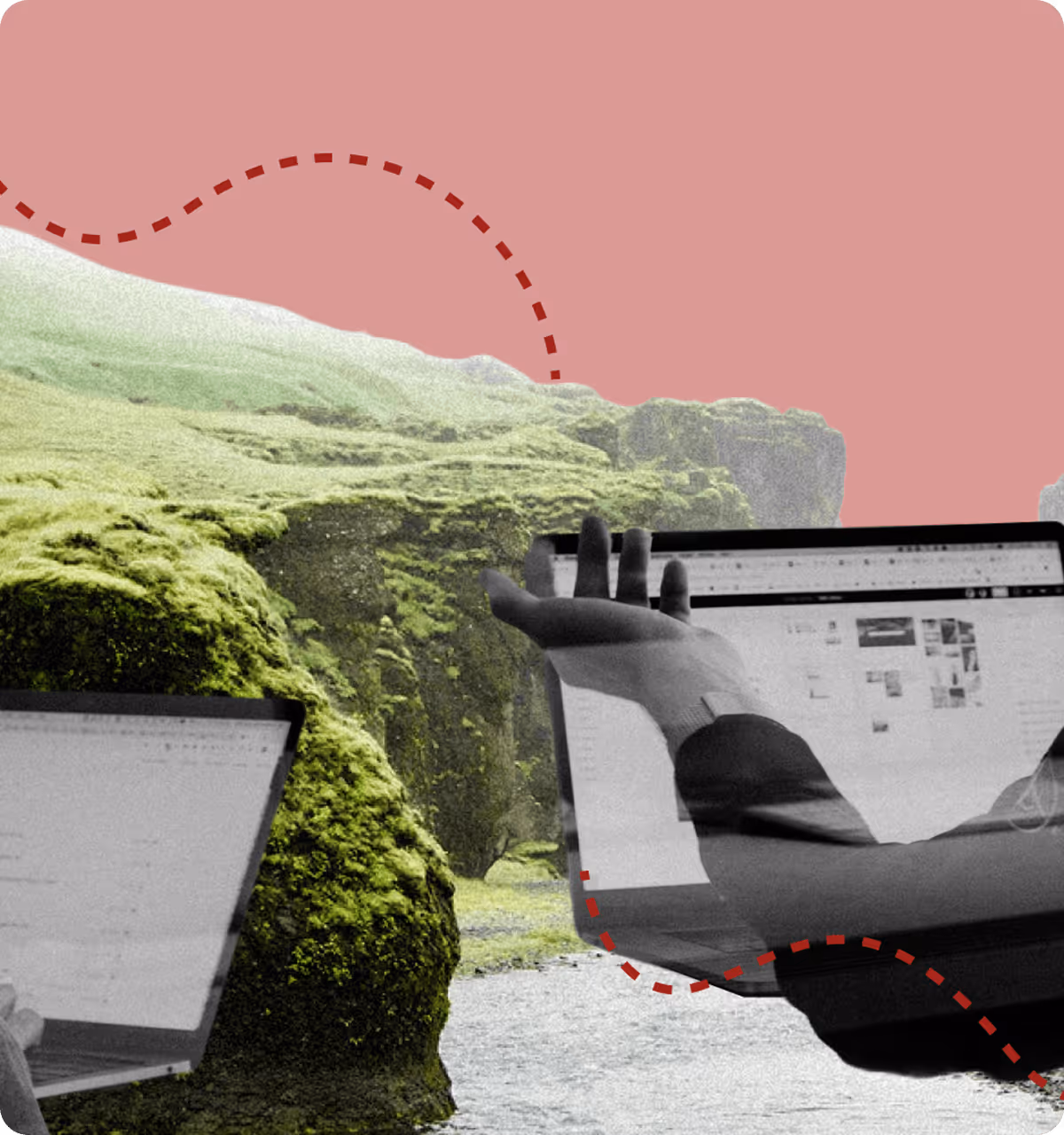 Man gesturing toward a laptop with a blurred laptop screen in the foreground, set against a background of green moss-covered rocks and a pink sky with a dashed red line.