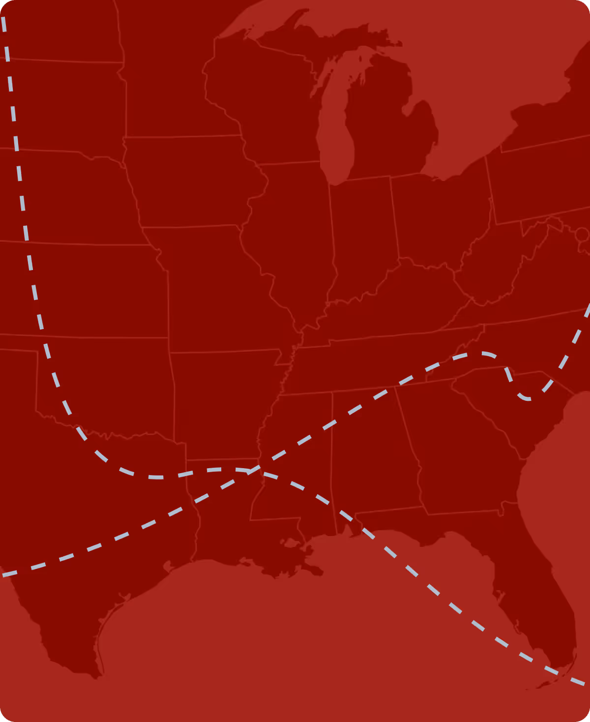 Map of the southeastern and midwestern United States with white dashed lines curving across several states.