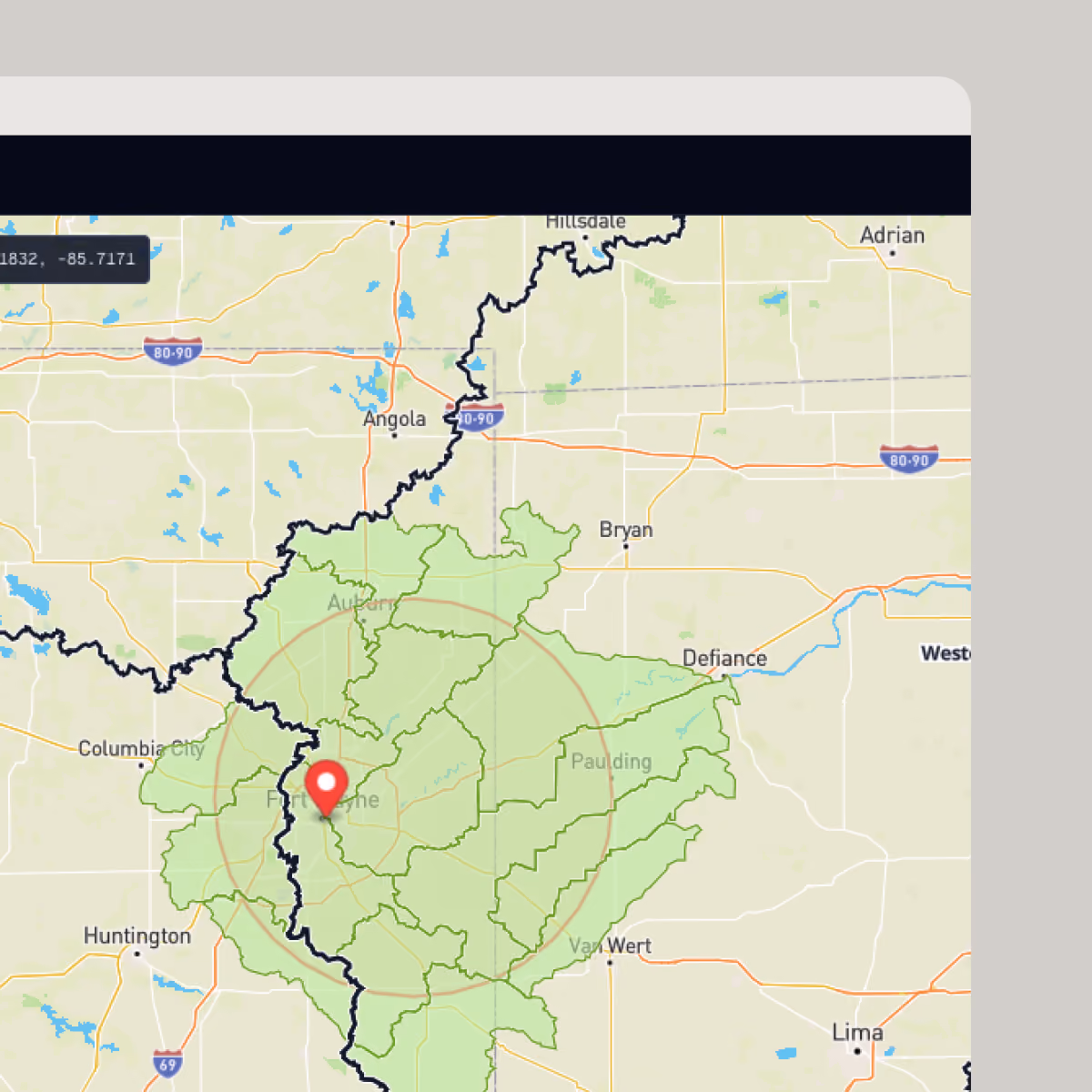 Map showing a green-outlined watershed area spanning parts of Ohio and Indiana, with a red location marker near Fort Wayne; major roads like I-80/90 and I-69 and nearby cities such as Lima, Van Wert, Defiance, Bryan, Angola, and Huntington are visible.