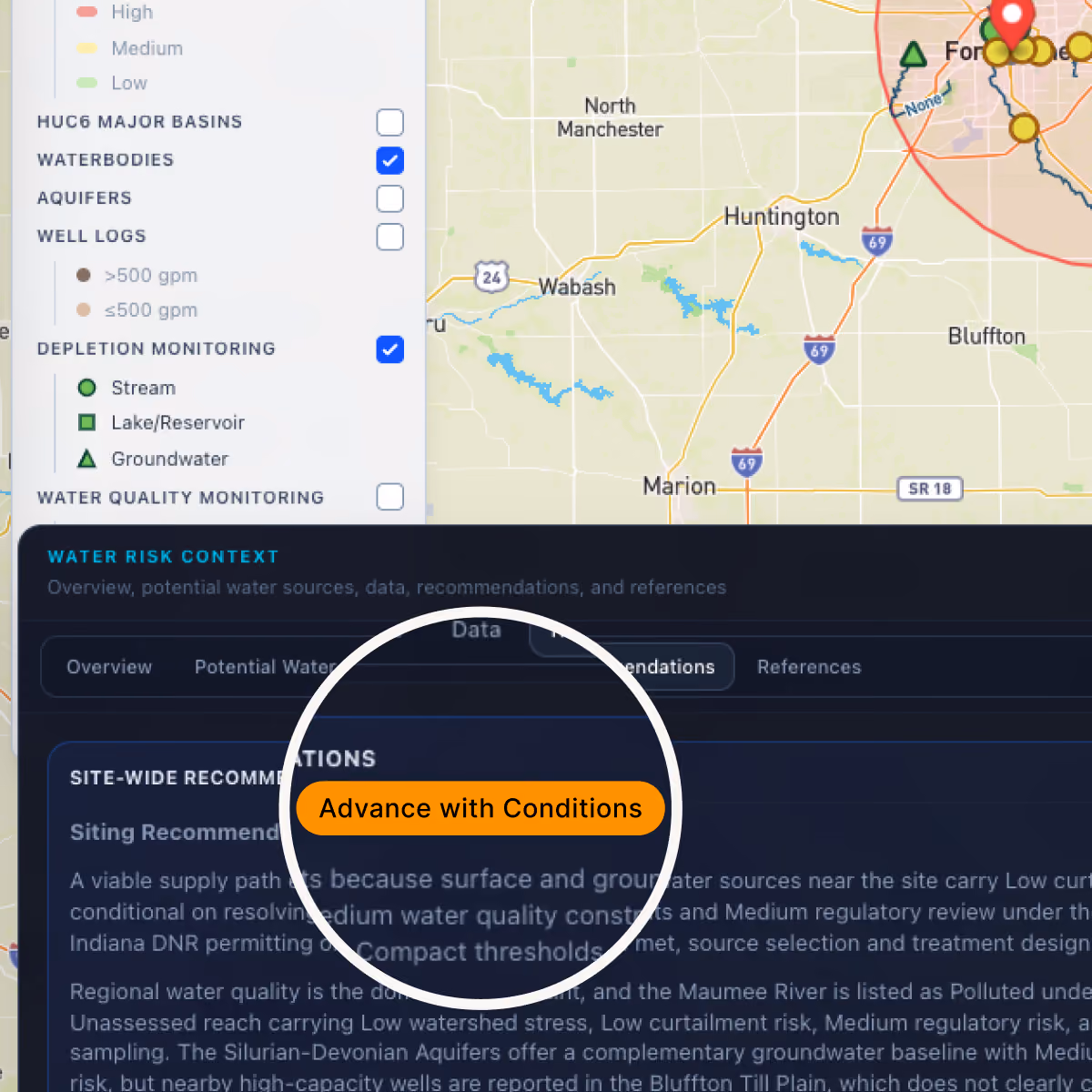 Screen capture of a water risk context dashboard showing a map with locations near North Manchester, Huntington, and Marion, Indiana. The sidebar displays options for water monitoring, including major basins, waterbodies, aquifers, well logs, depletion monitoring, and water quality monitoring. Checked options include Waterbodies and Depletion Monitoring with symbols for stream, lake/reservoir, and groundwater. A highlighted orange button labeled 'Advance with Conditions' is zoomed in within a white circular magnifier.
