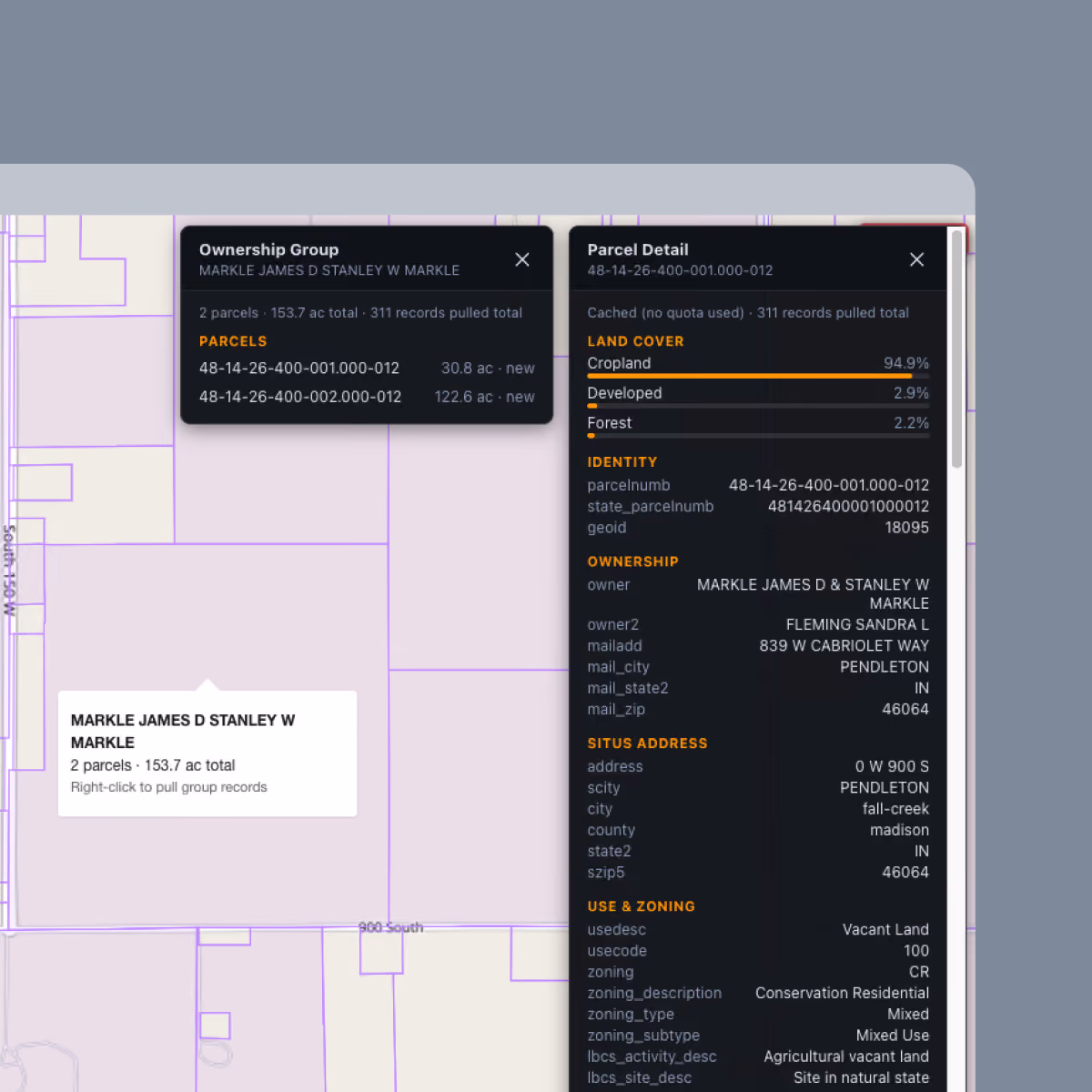 Screenshot of a land parcel map showing ownership and parcel details for MARKLE JAMES D STANLEY W MARKLE. It lists two parcels totaling 153.7 acres with parcel numbers and acreage. Parcel detail for 48-14-26-400-001.000-012 shows land cover percentages: 94.9% cropland, 2.9% developed, 2.2% forest. Ownership and address details are displayed, including zoning as Conservation Residential and land use as Vacant Land.