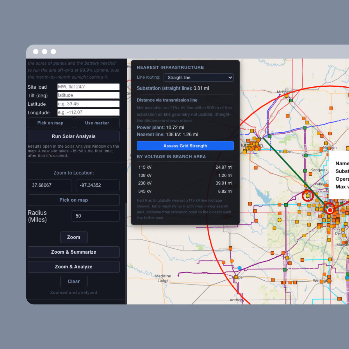 User interface showing a solar analysis tool with options to input site load, latitude, longitude, and radius for zoom. A map on the right displays power infrastructure with colored lines and markers indicating substations and transmission lines. A pop-up window provides nearest infrastructure details, including line routing, distances to substations and power plants, and voltage levels in the search area.