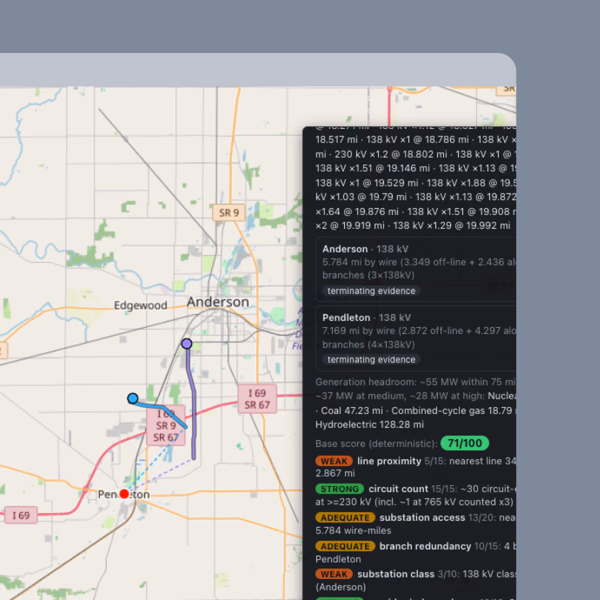 Map showing electrical grid connections near Anderson and Pendleton, with color-coded lines and dots indicating line proximity, circuit count, substation access, and branch redundancy scores, along with detailed capacity and redundancy data.
