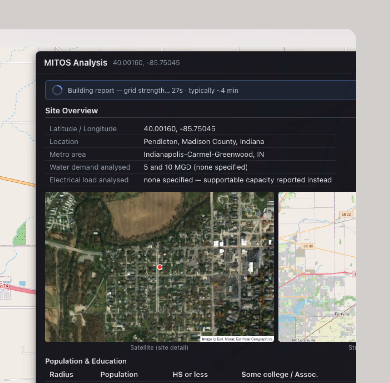 MITOS Analysis interface showing site overview for Pendleton, Madison County, Indiana at latitude 40.00160 and longitude -85.75045. Details include metro area Indianapolis-Carmel-Greenwood, water demand analyzed at 5 and 10 MGD, and no specified electrical load but reported supportable capacity. The screen displays a satellite image of the area with a red marker indicating the site location.