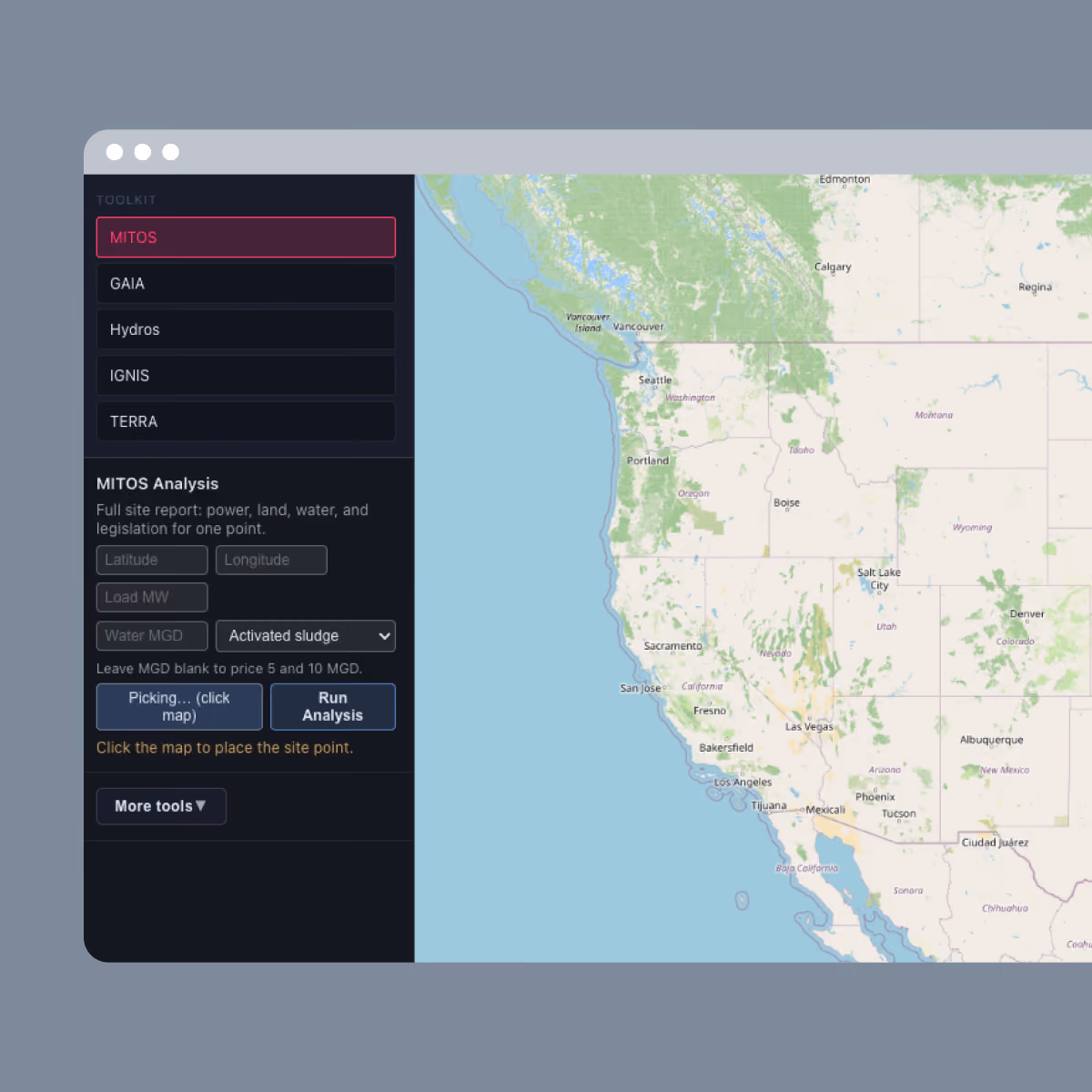 User interface of a toolkit on the left for MITOS Analysis including options for latitude, longitude, load MW, and water MGD with a dropdown for activated sludge, buttons for picking on map and running analysis, and a map on the right showing the western United States and part of Canada with labeled cities.