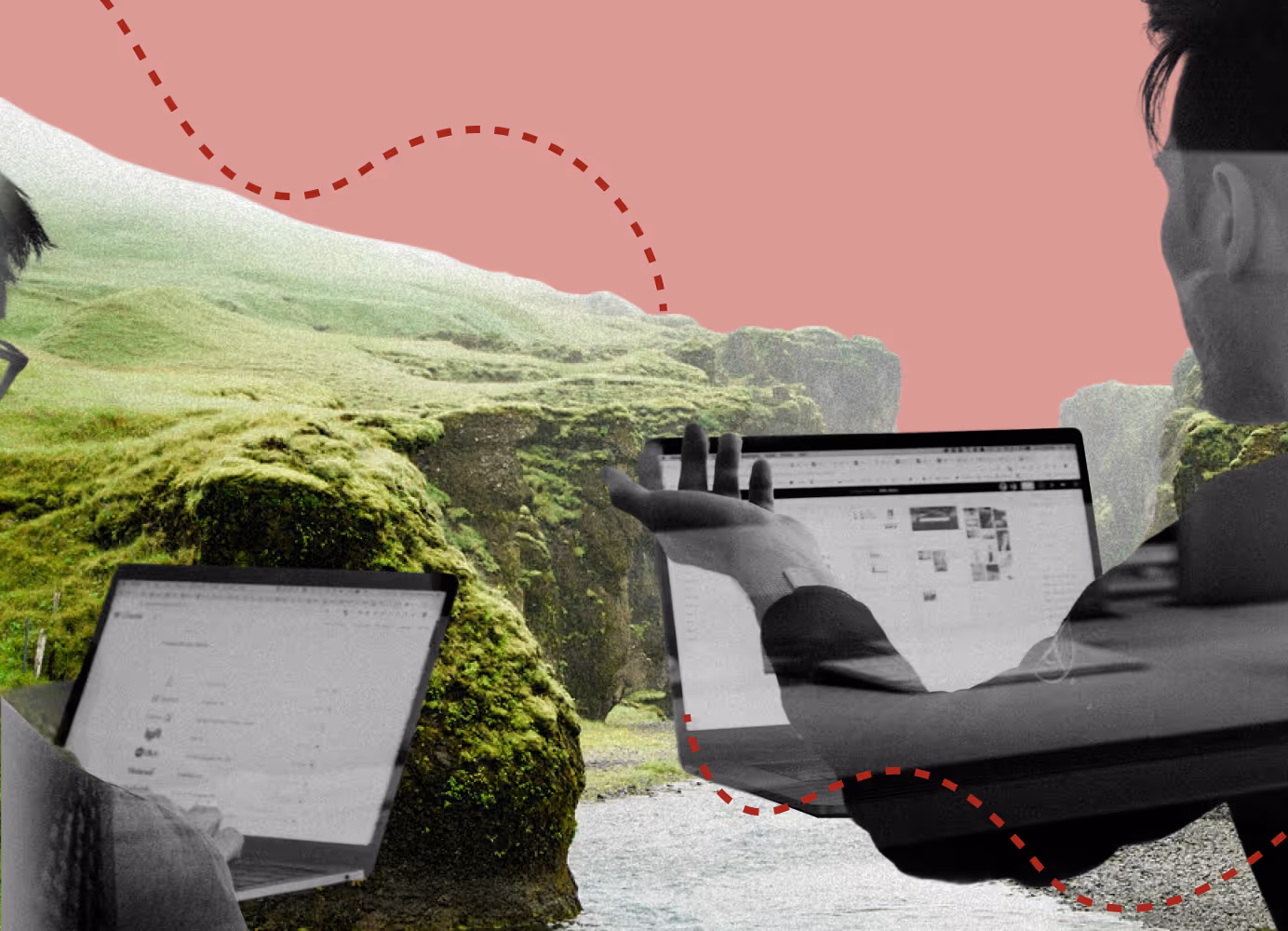 Two people working remotely on laptops with a nature backdrop of green cliffs and a river, overlaid with a stylized pink and red design element.