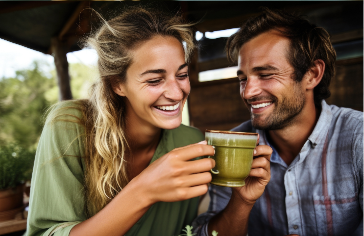 a couple laughing, a woman hold a cup