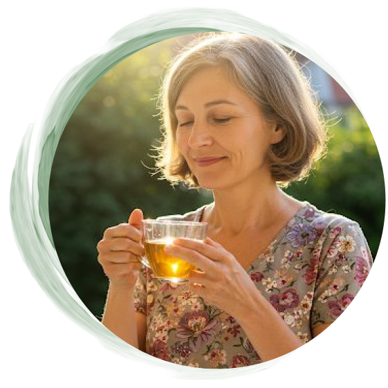 a woman smiling and holding a cup of tea