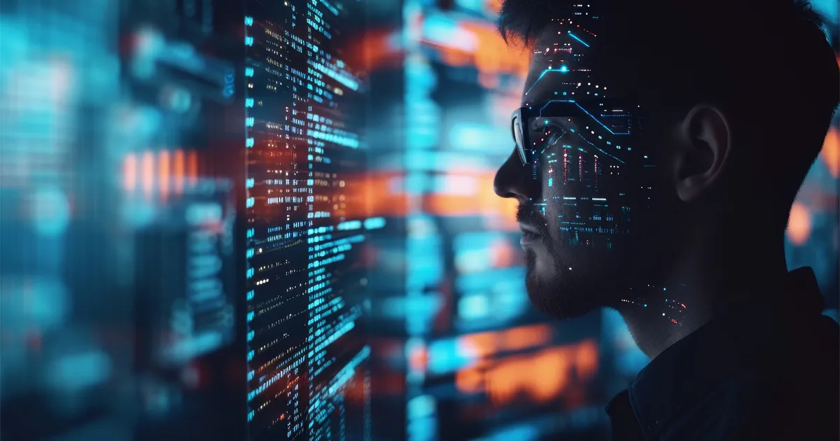 A man wearing glasses looking at a computer screen.