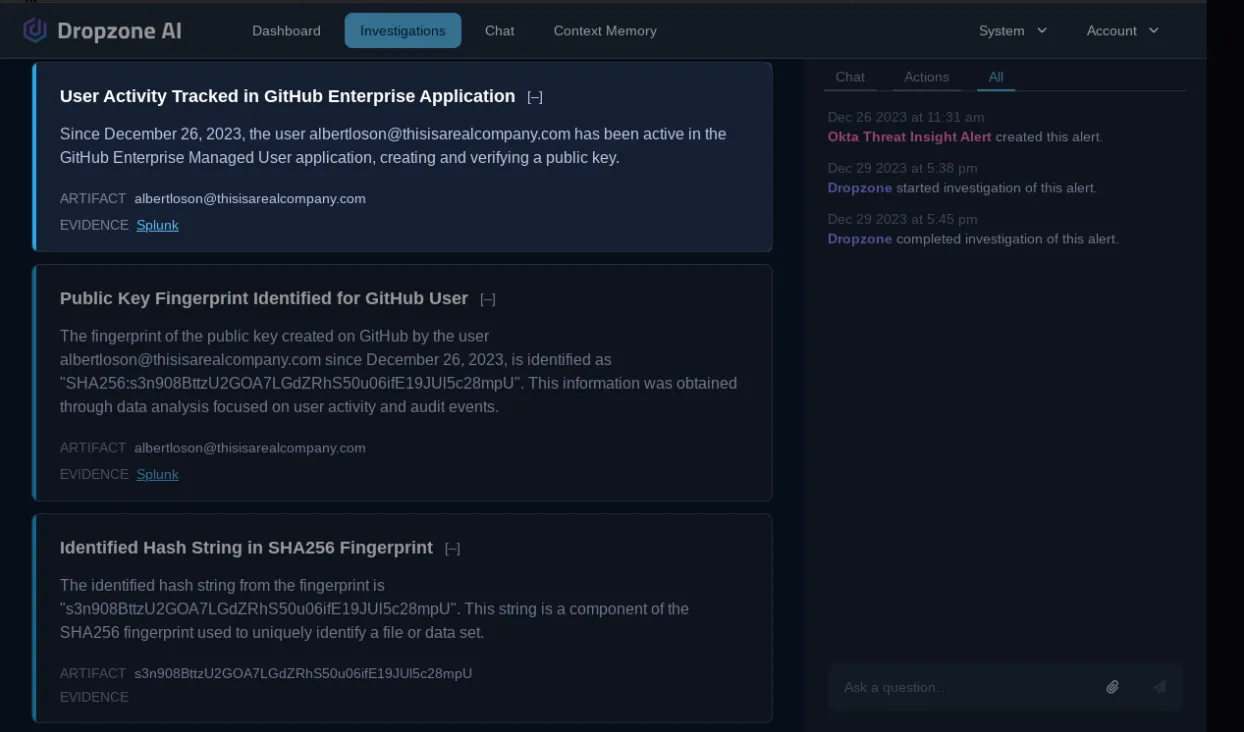 Dropzone AI dashboard showing Investigations User Activity