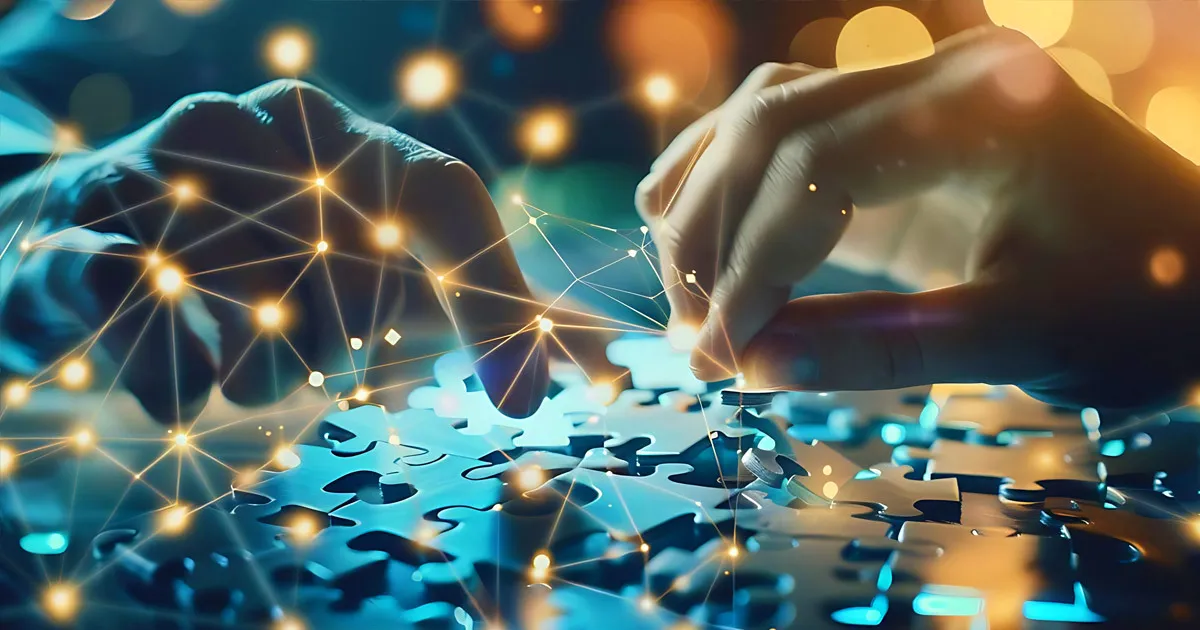 A hand is touching a piece of a puzzle with a blue background.