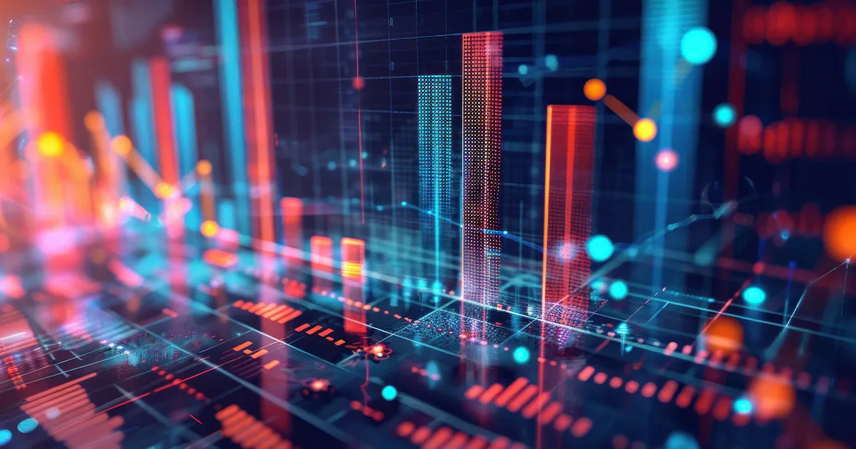 A blue and orange graphic of a bar chart with the number 100.