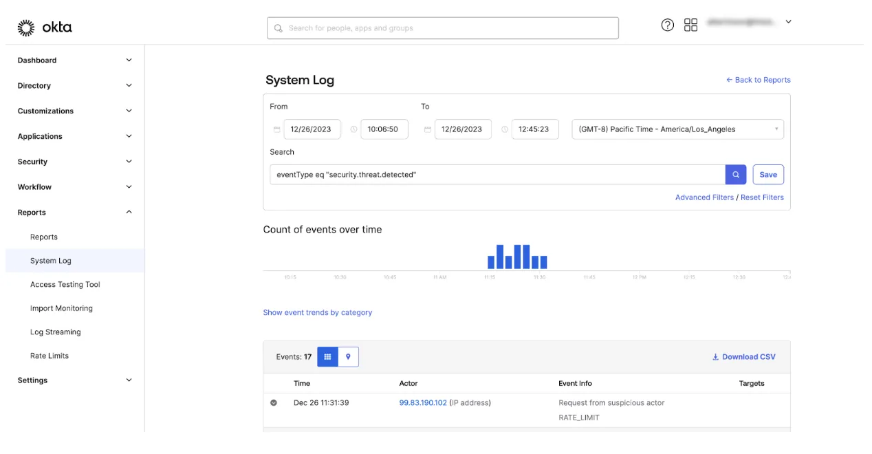 Okta dashboard showing system log