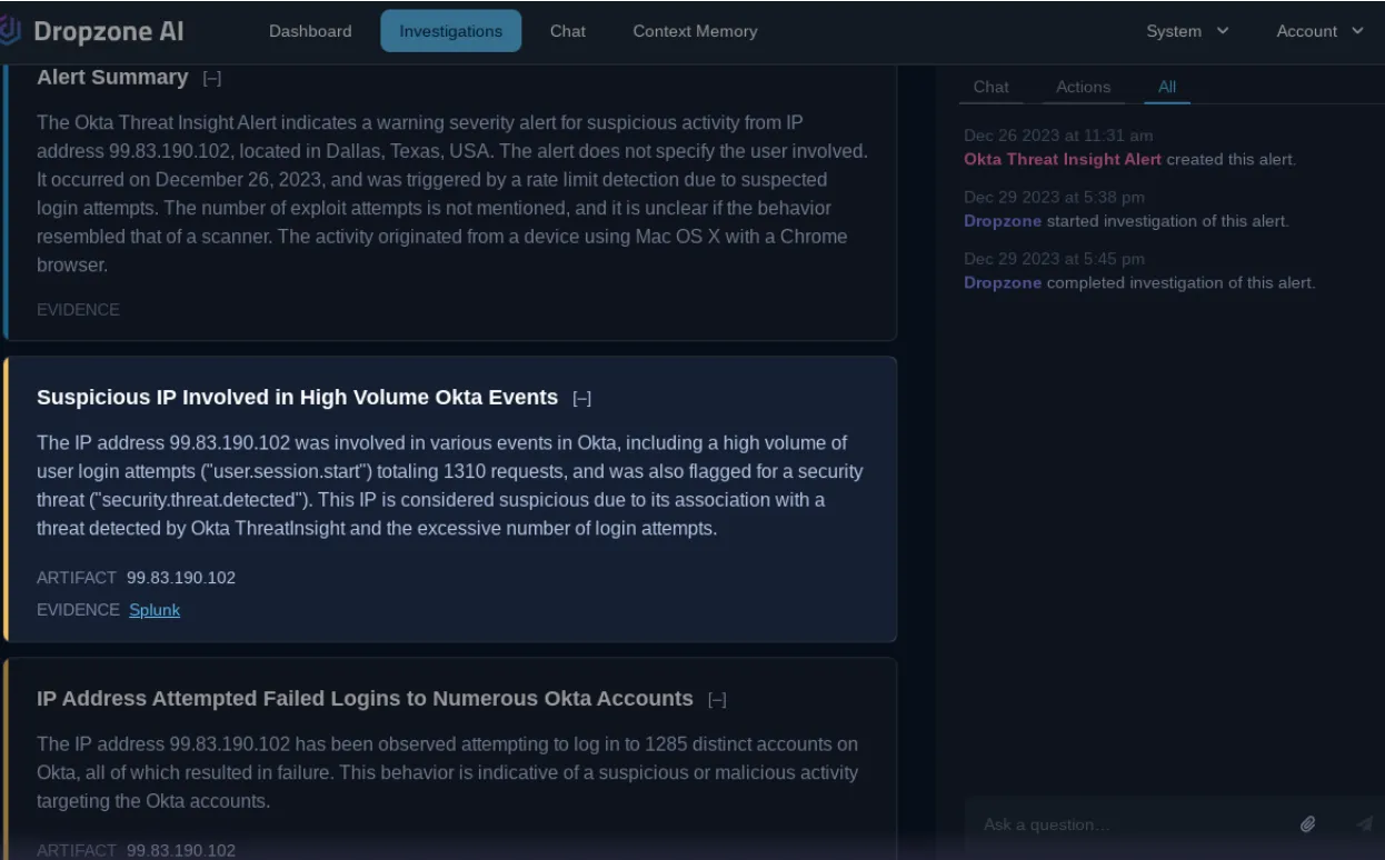 Dropzone AI Dashboard showing alert summary