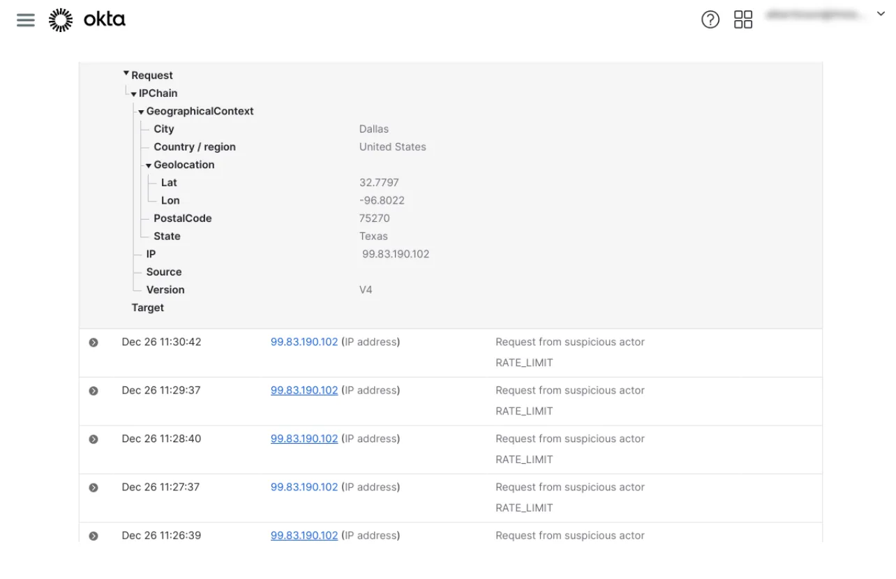 Okta dashboard screenshot showing request details