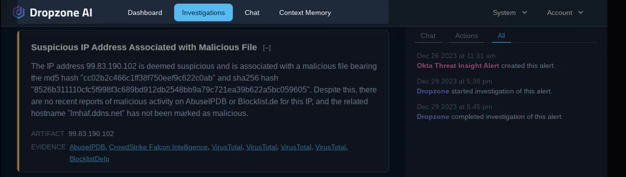 Dropzone AI Dashboard showing suspicious IP address associated with malicious file
