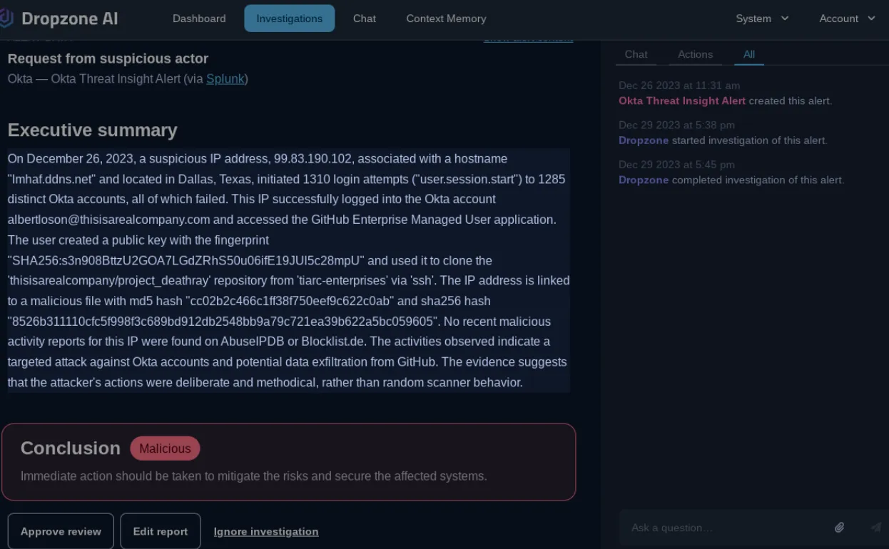 Dropzone AI Dashboard showing the Suspicious Actor Executive Summary 