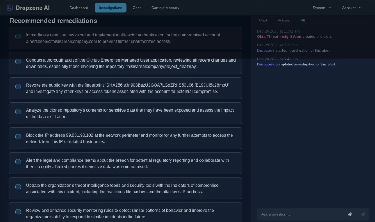 Dropzone AI Dashboard showing investigations recommended remediations