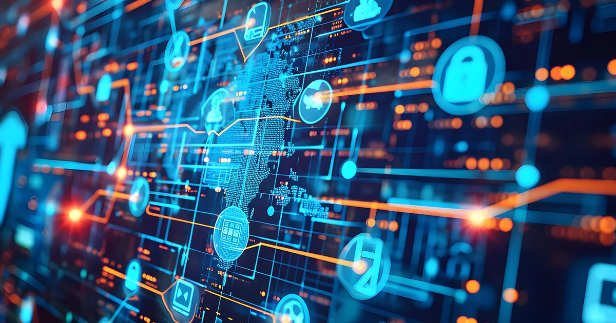 A blue and orange network of lines and symbols.