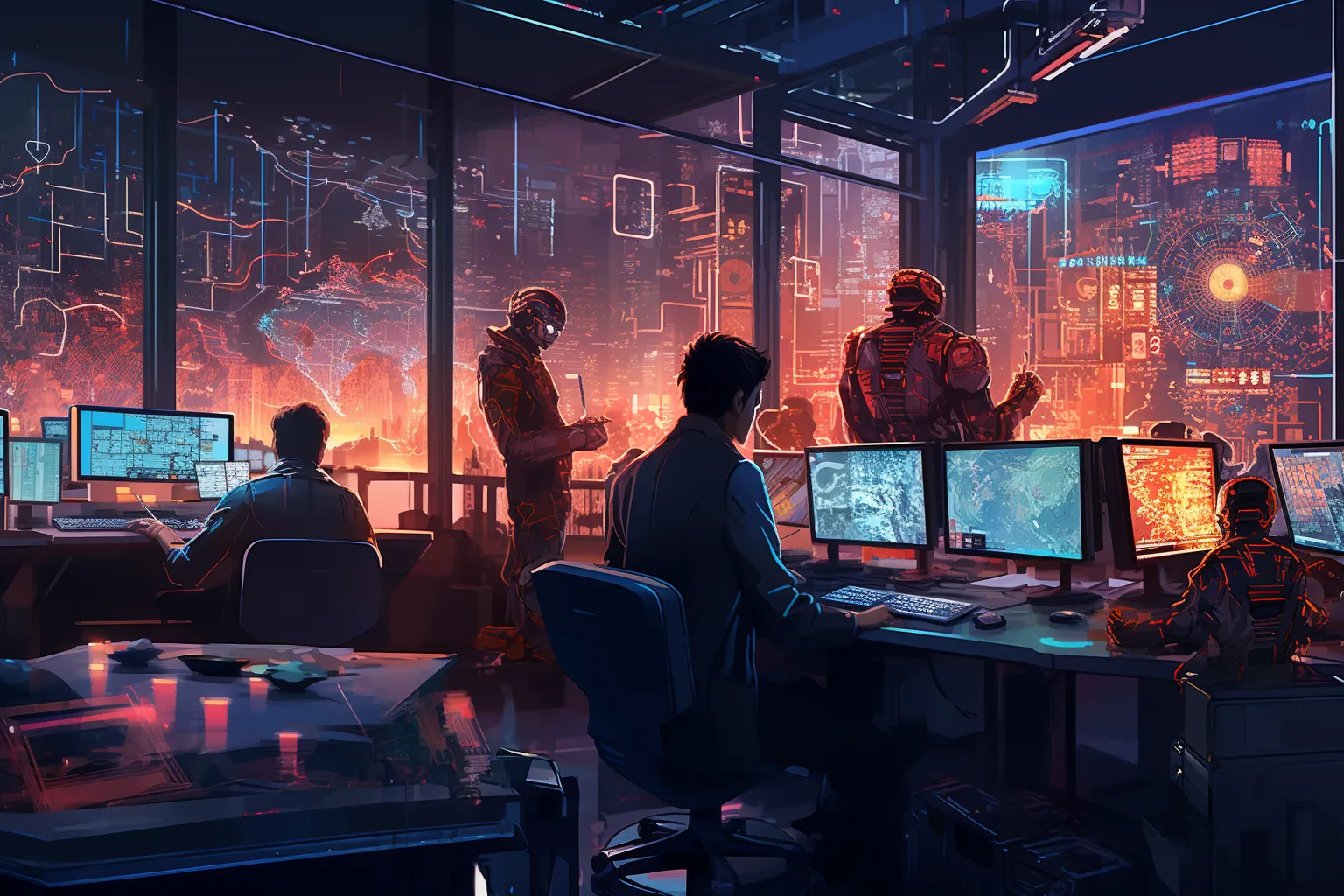 A man in a suit is sitting at a desk in front of a computer.