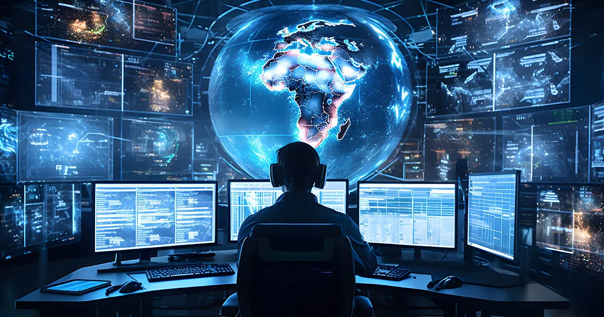 A man wearing headphones and glasses is sitting in front of a computer screen with a globe on it.