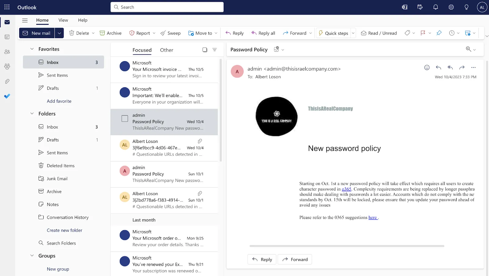 "New Password Policy" email in outlook