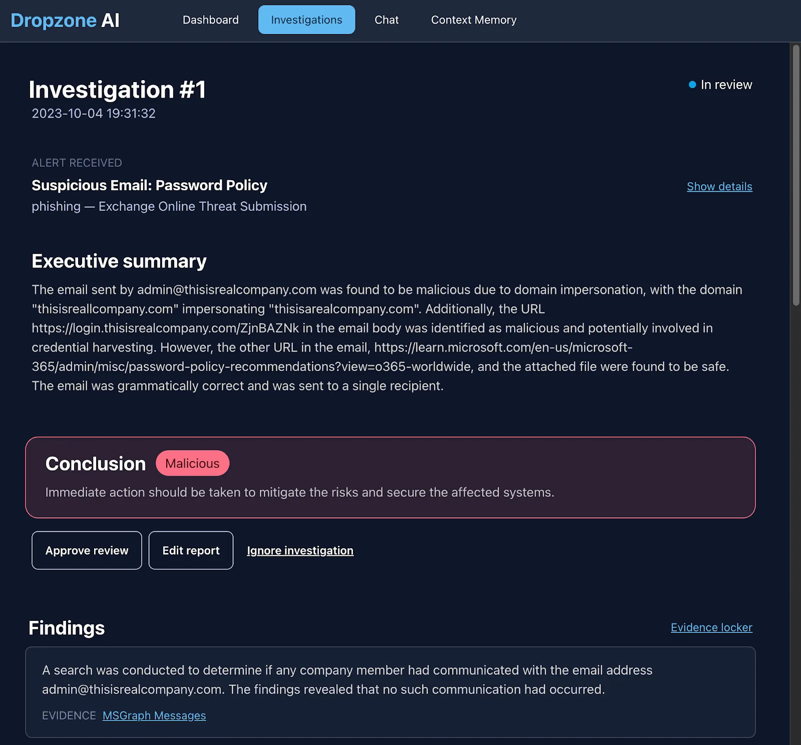 Dropzone AI Platform investigation conclusion - malicious