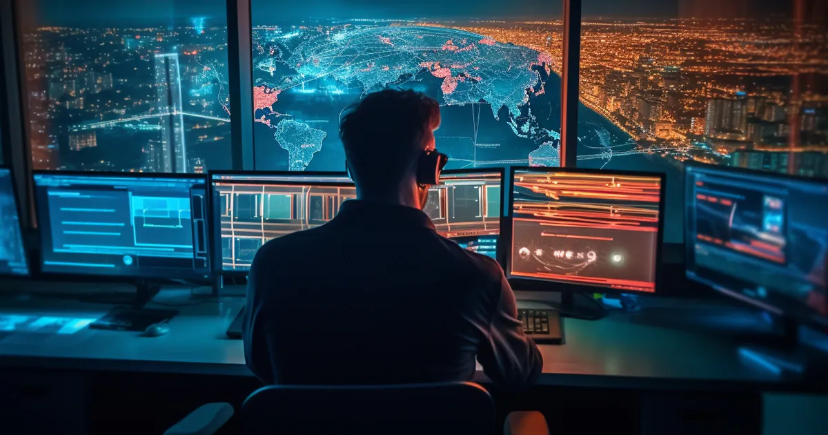 A man wearing headphones and a black shirt is sitting in front of a computer screen.