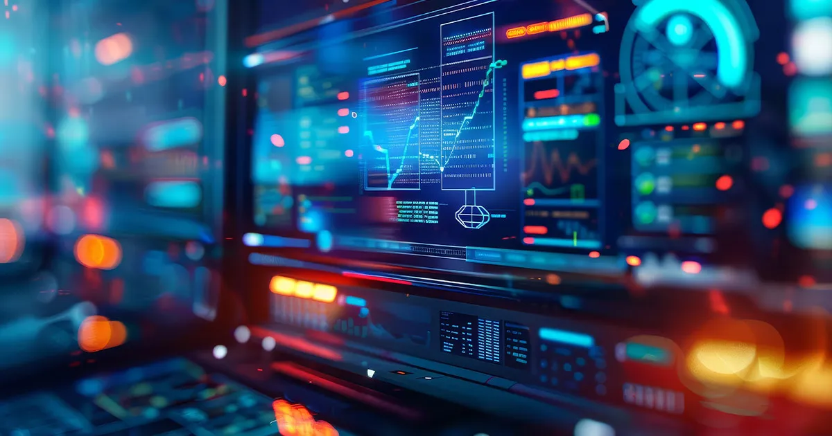 A computer screen with a blue background and a lot of graphs and numbers.