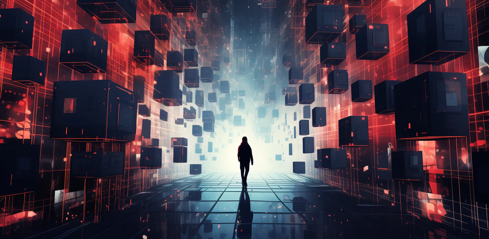 A person walking in a hallway with a red jacket and a blue shirt.