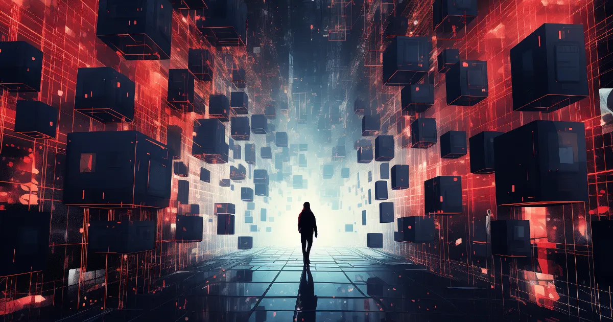 A person walking in front of a wall of cubes.