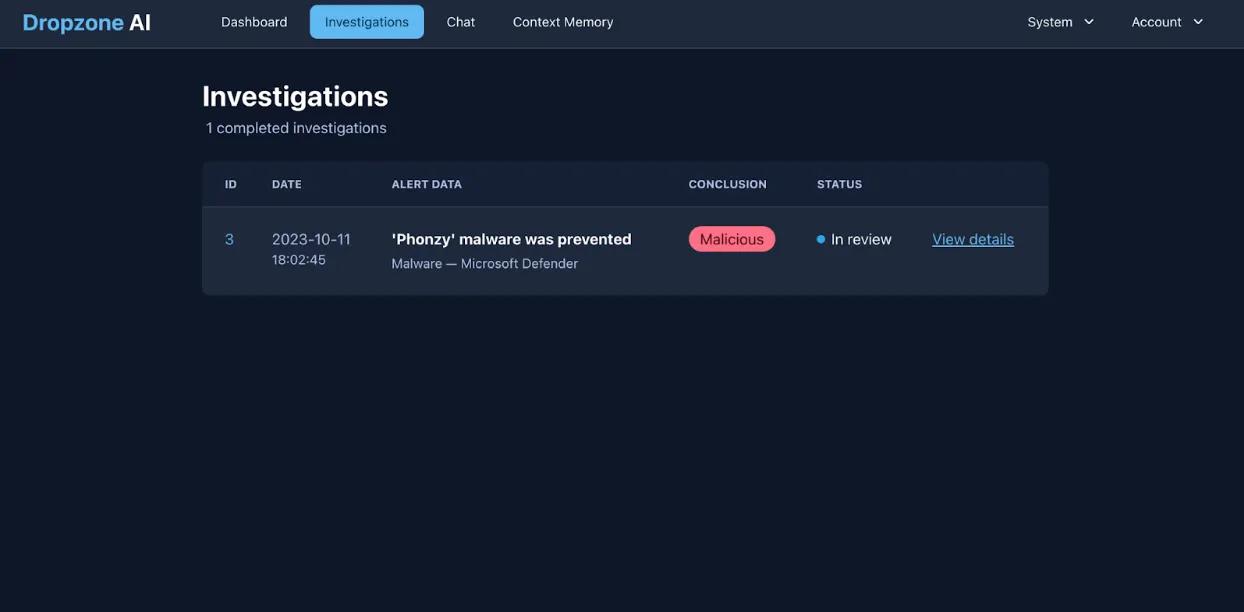 Dropzone AI Dashboard for Completed Investigations