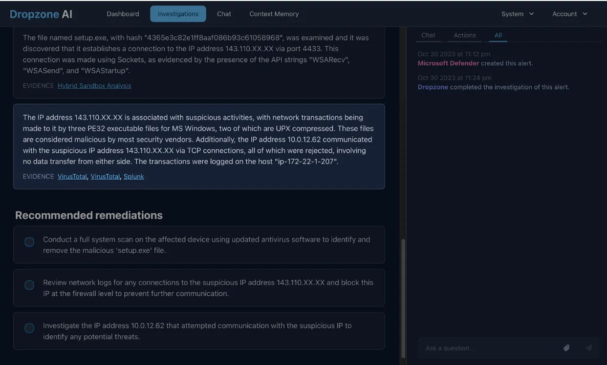 Dropzone AI Investigations IP address details