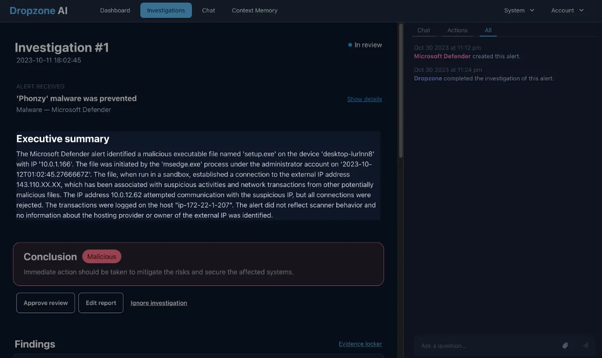 Dropzone AI Investigations Dashboard showing an executive summary