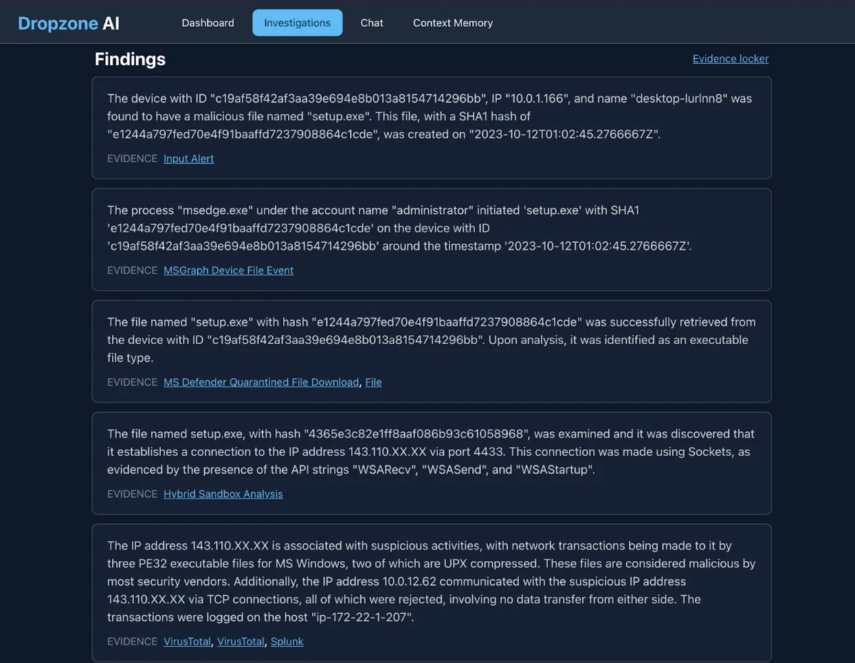 Dropzone AI Investigations dashboard showing the findings