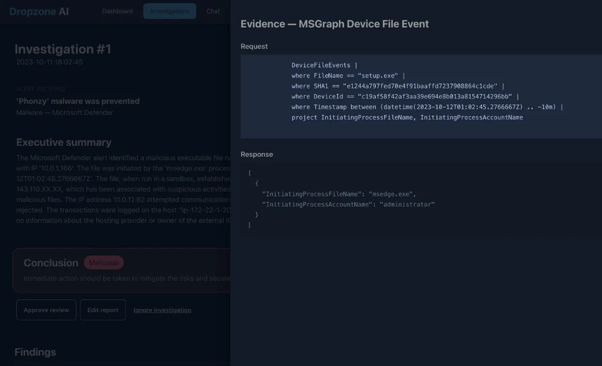 Dropzone AI investigations dashboard showing the evidence - msgraph device file event