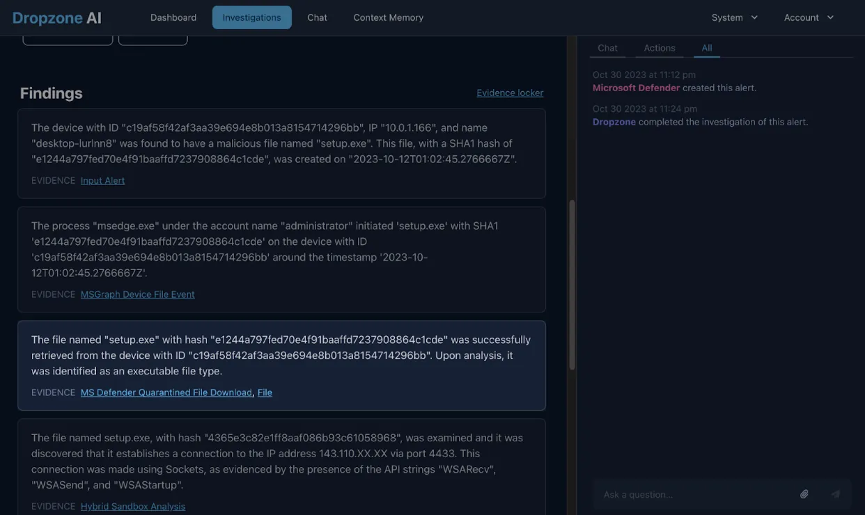 Dropzone Ai investigations dashboard findings details