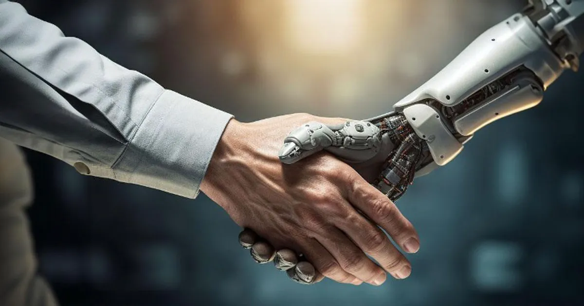 A robot hand shakes a human hand.