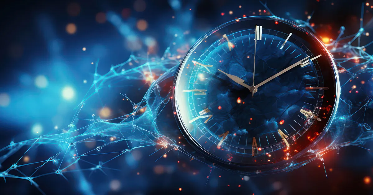 A blue clock with a gold face and a black background.