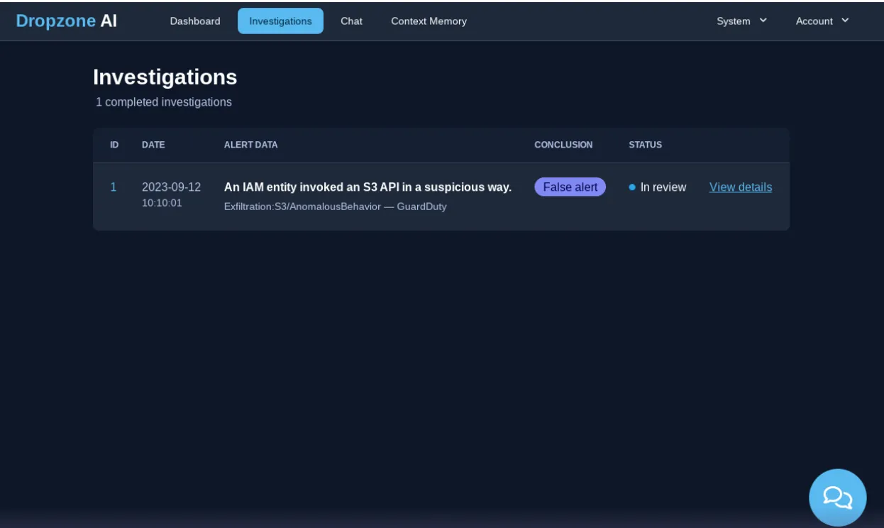 Dropzone AI Dashboard Image of Investigations