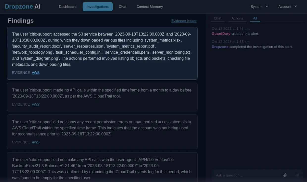 Dropzone AI Dashboard Image of Findings