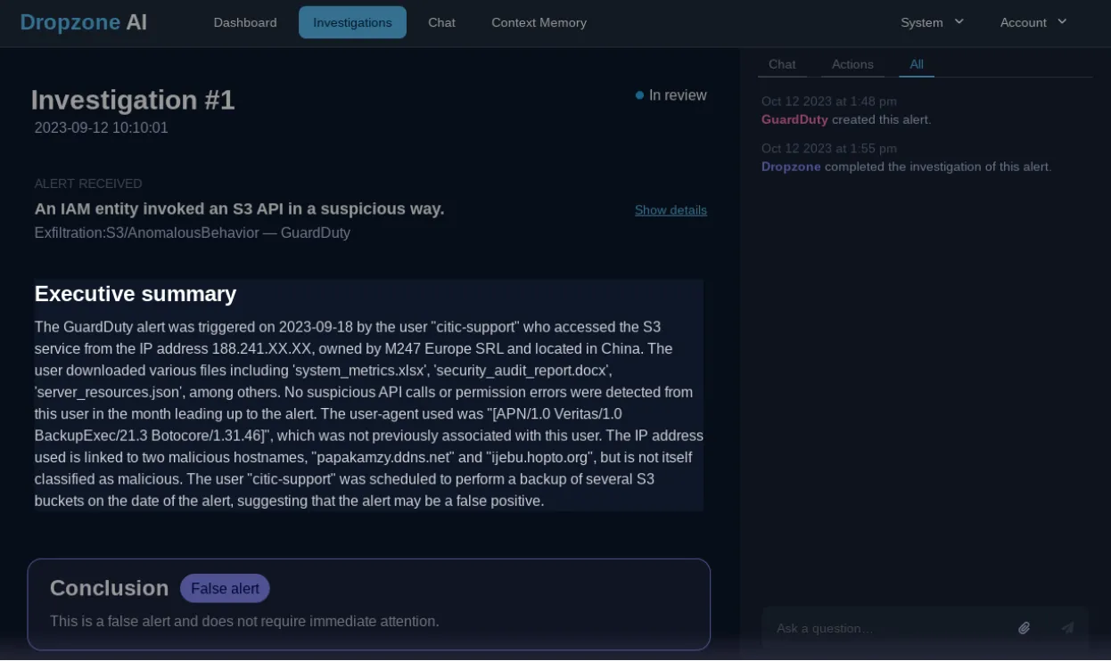 Dropzone AI Dashboard of the Investigation